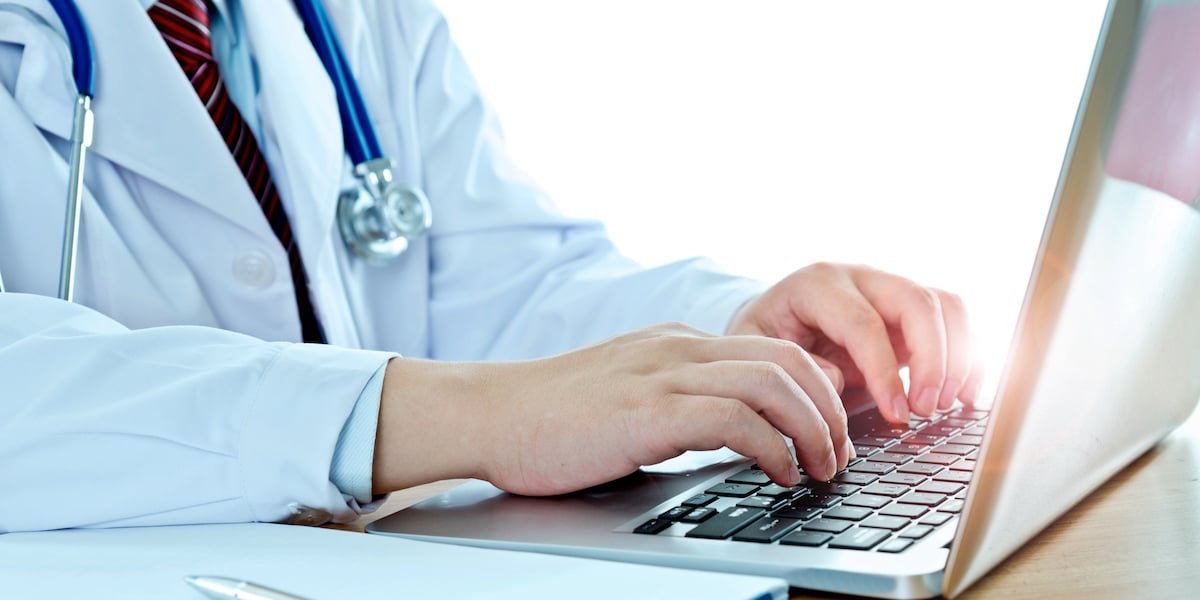 doctor entering notes into EHR on laptop computer